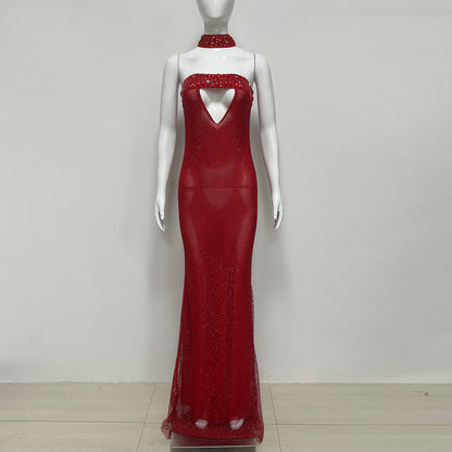 Strapless Choker Embellished Maxi Dress Red HV2815