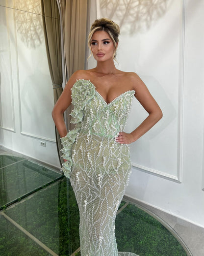 Strapless Floral Sequin Maxi Dress Green HV2227