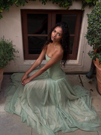 Strapless A Line Maxi Dress Green HV0086