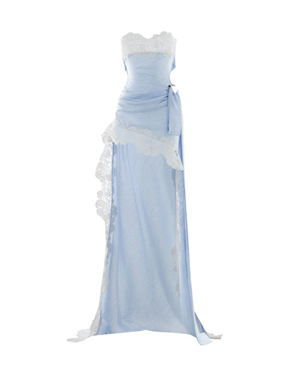 Strapless Lace Insert Maxi Dress Blue White HV3213