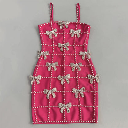 Crystal Pearl Embellished Dress Hot Pink HV2784