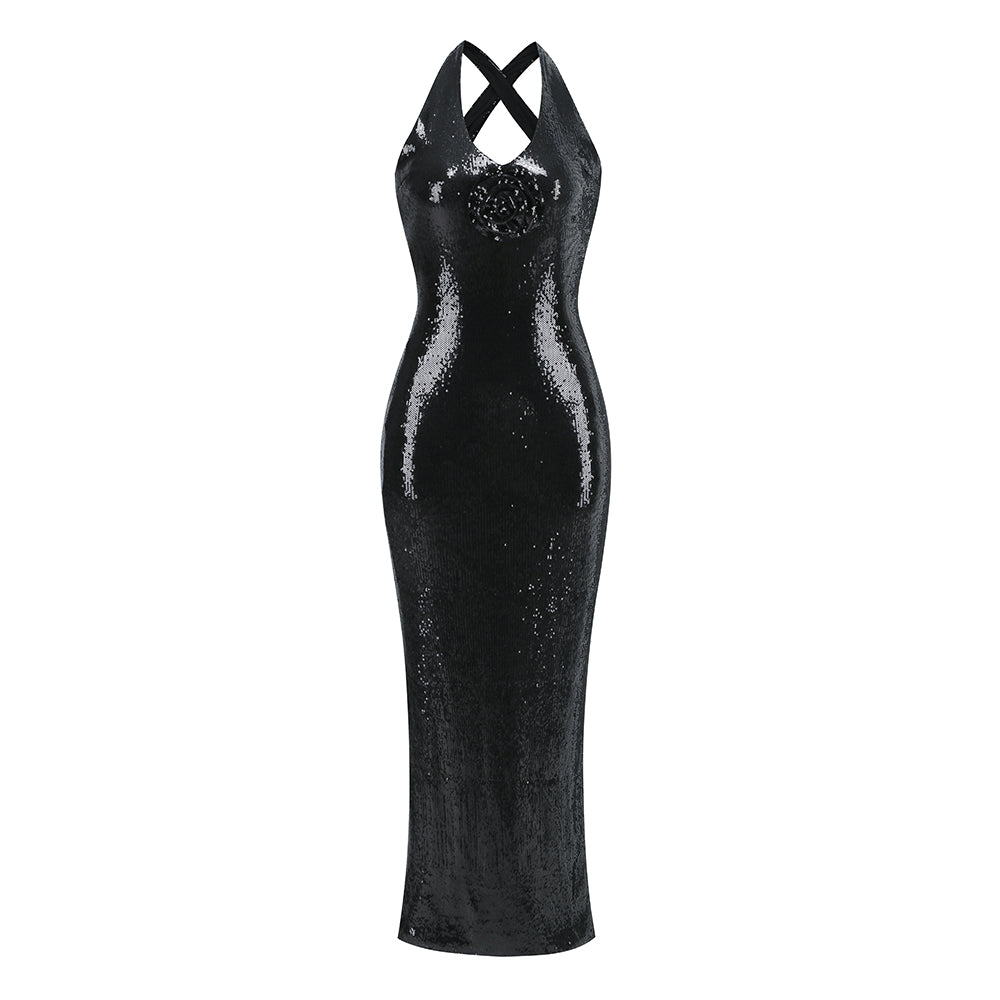 Strapless Design Crystal Maxi Dress Black HV1144