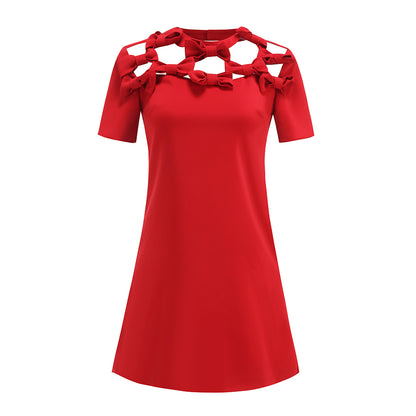 Short Sleeve Bow Detail A Line Dress Red  HV1361