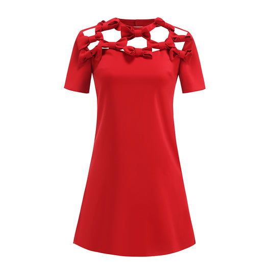 Short Sleeve Bow Detail A Line Dress Red  HV1361