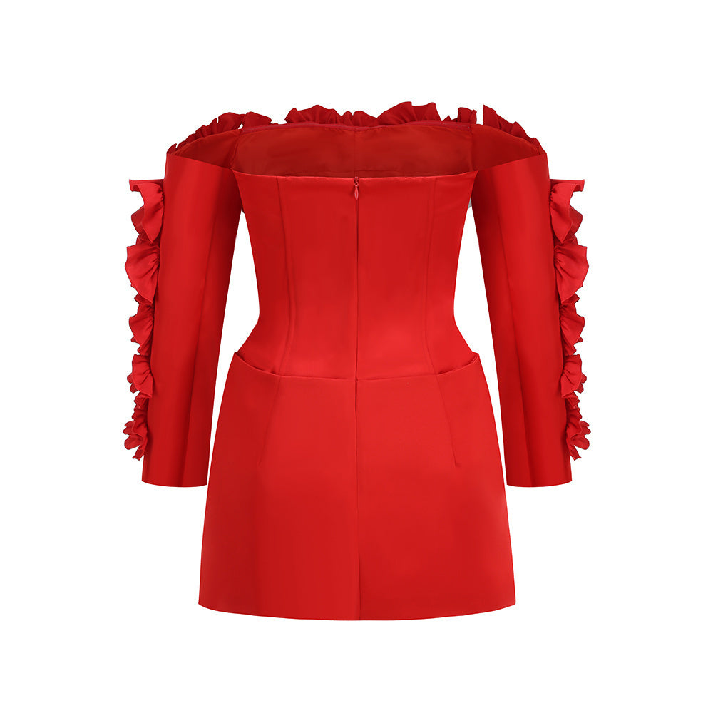 Long Sleeve Bardot Ruffle Dress Red HV2910