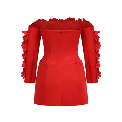 Long Sleeve Bardot Ruffle Dress Red HV2910