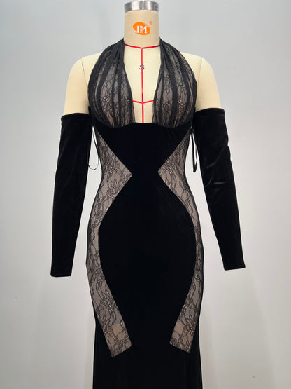 Long Sleeve Halter Lace Maxi Velvet Dress  HV2048