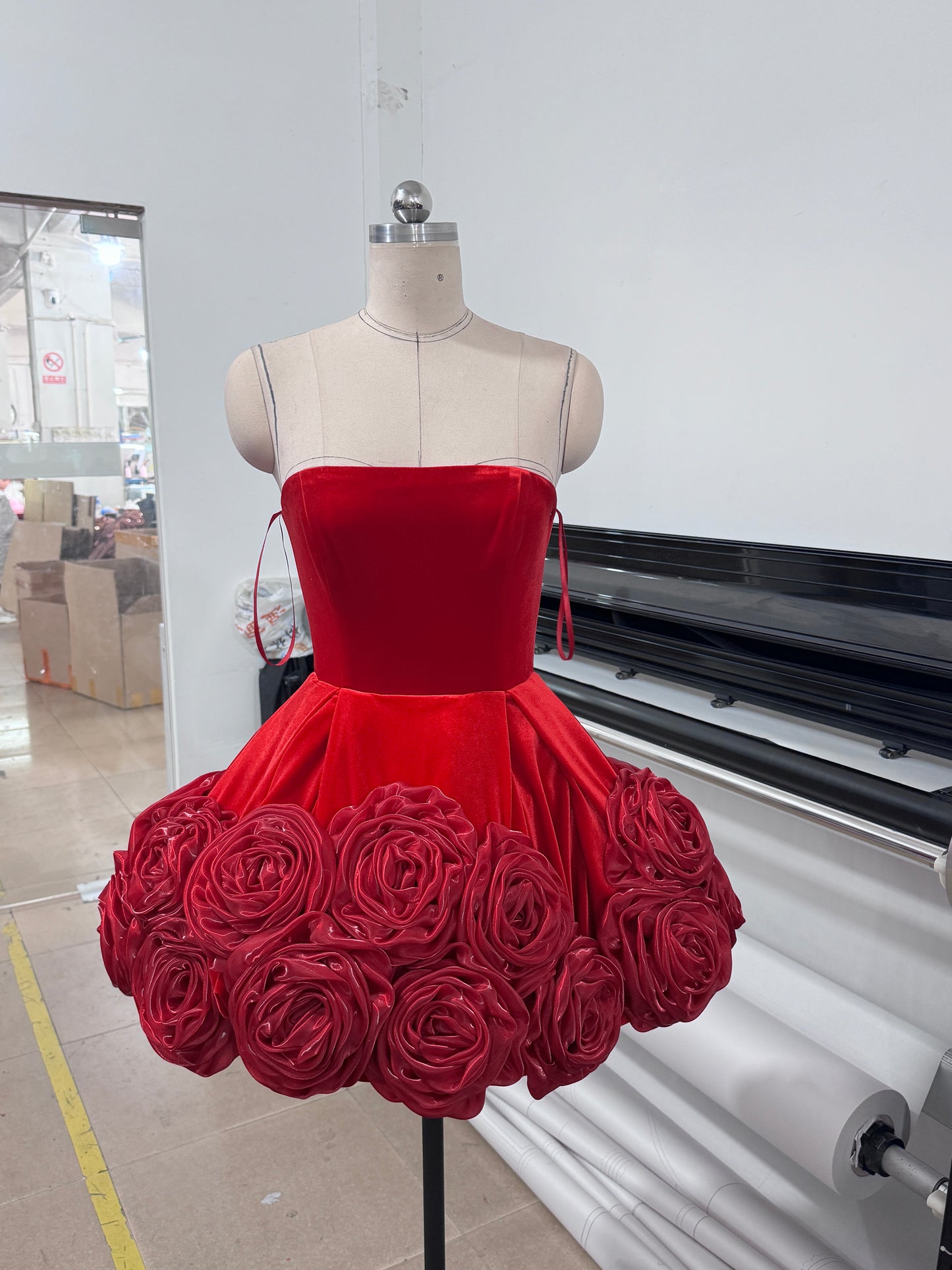 Strapless Floral A Line Velvet Dress Red