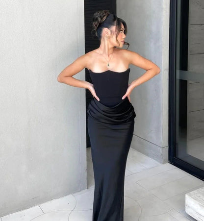 Strapless Corset Draped Maxi Dress Black