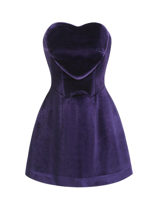 Strapless Heart Detail A Line Velvet Dress Purple HV1291