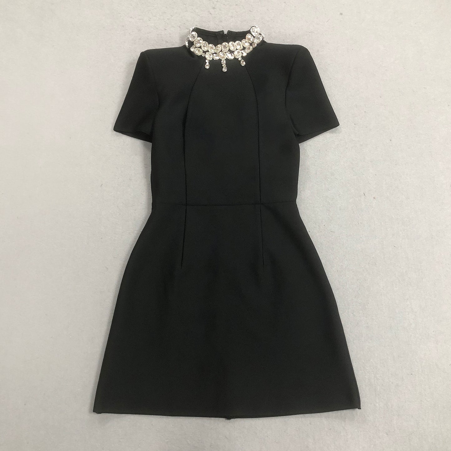 Short Sleeve Crystal Neckline Dress Black HV2724