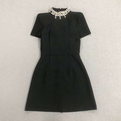 Short Sleeve Crystal Neckline Dress Black HV2724