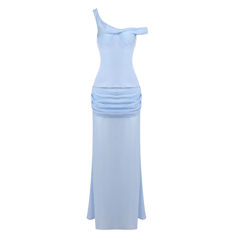 One Shoulder Corset Draped Maxi Dress Blue HV0011