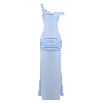 One Shoulder Corset Draped Maxi Dress Blue HV0011