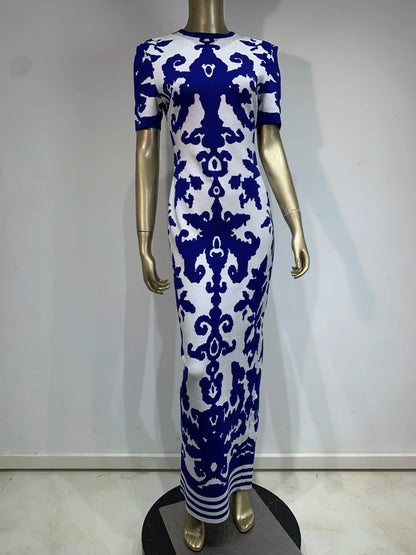 Short Sleeve Printed Maxi Dress Blue White HV1737