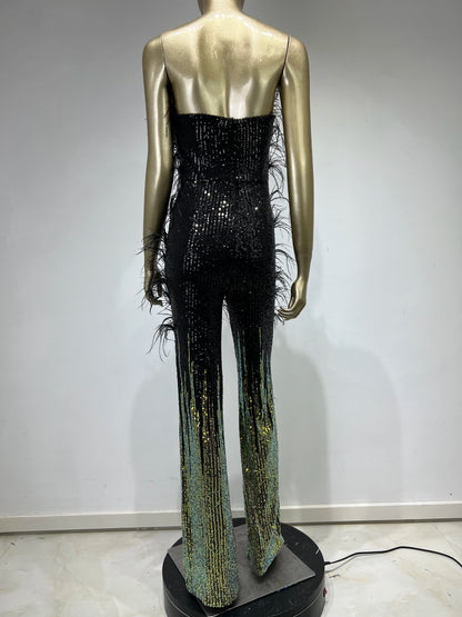 Strapless Feather Sequin Jumpsuit