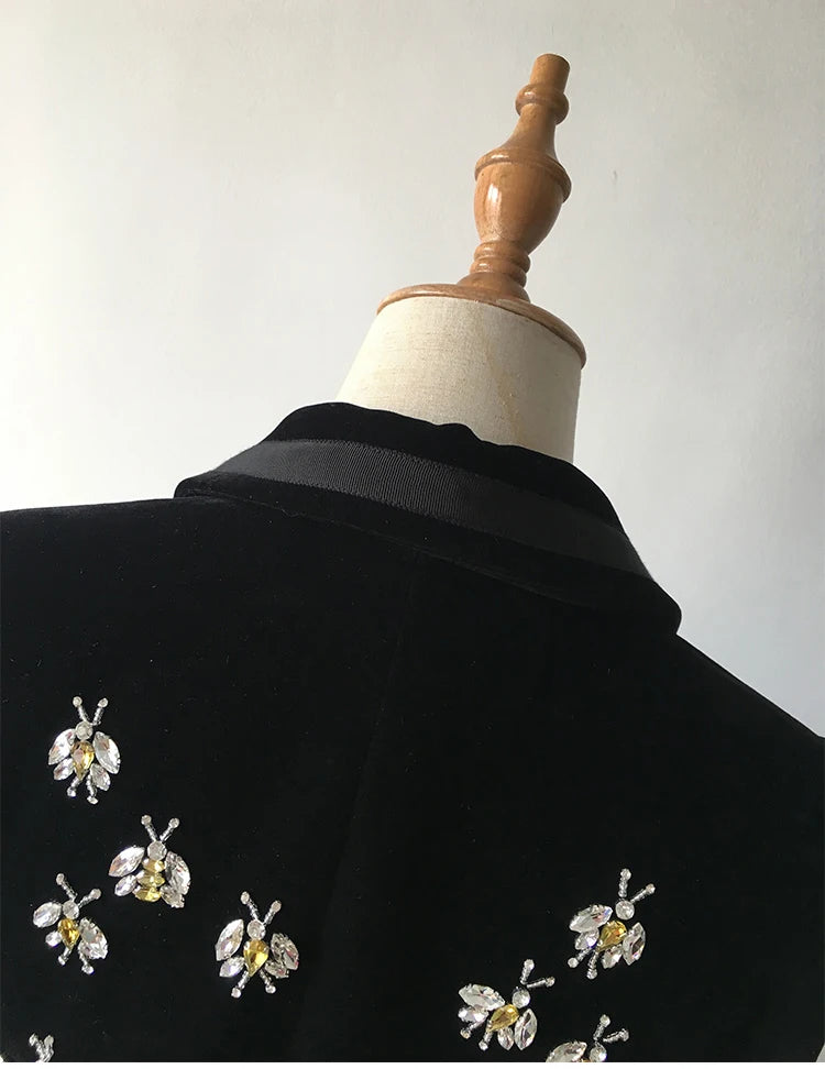 Long Sleeve Crystal Bee Velvet Blazer Black