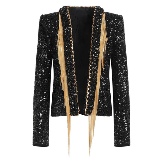 Long Sleeve Sequin Chain Tassel Jacket Black