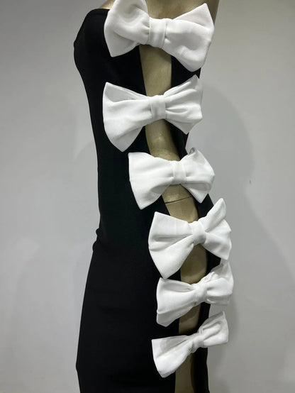 Strapless Bow Detail Maxi Velvet Dress Black White HV1944
