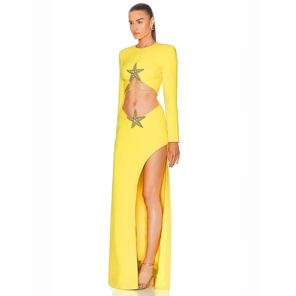 Long Sleeve Star Detail Two Piece Maxi Dress Yellow  HV9902