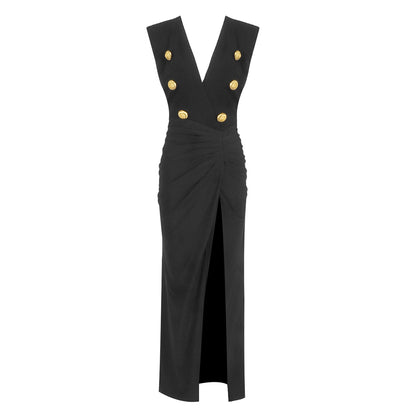 Button Detail Maxi Dress Black HV2128