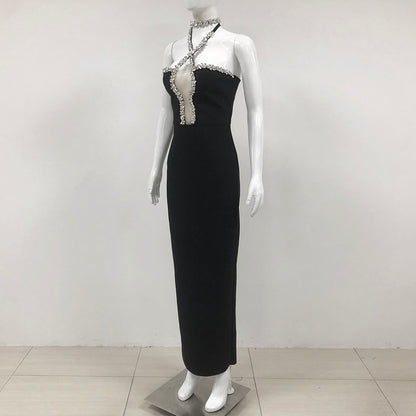 Halter Crystal Maxi Dress Black HV1560