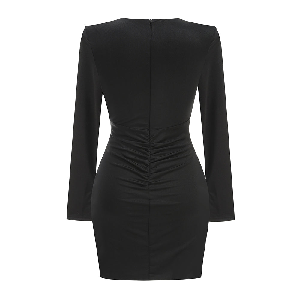 Long Sleeve Ruched Cut Out Dress Black HV2239