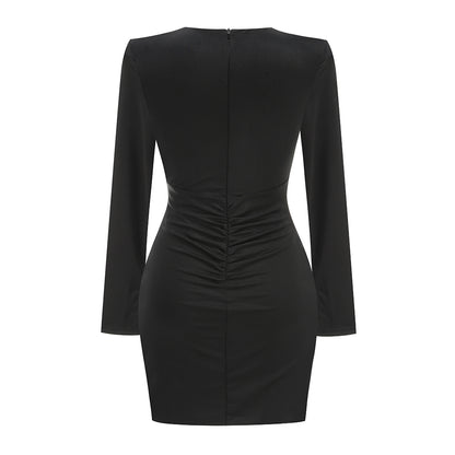 Long Sleeve Ruched Cut Out Dress Black HV2239