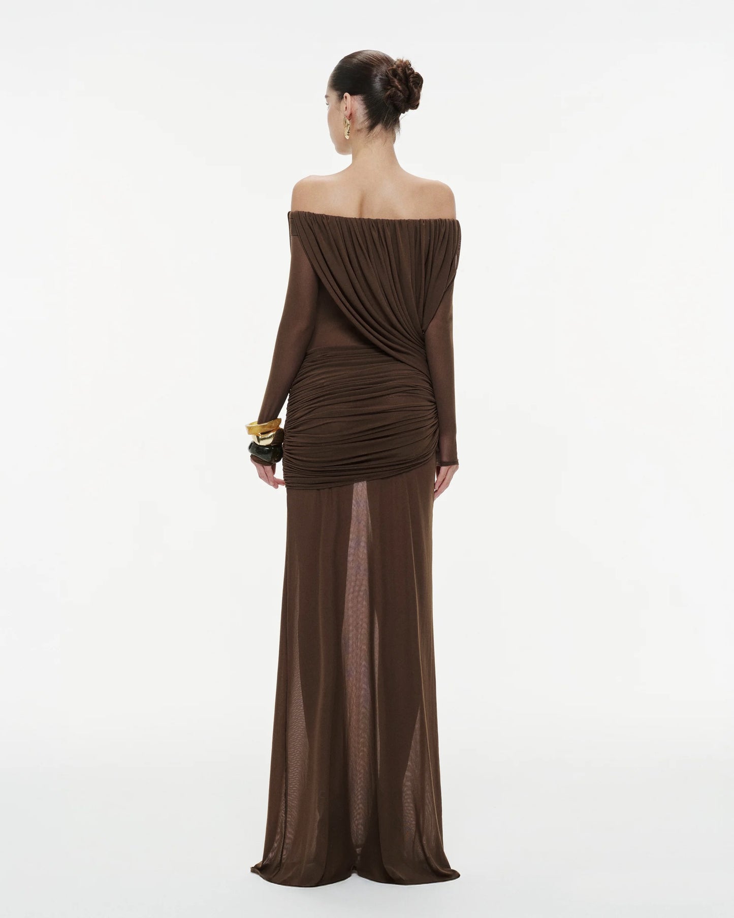 Long Sleeve Draped Bardot Maxi Dress Brown HV0066