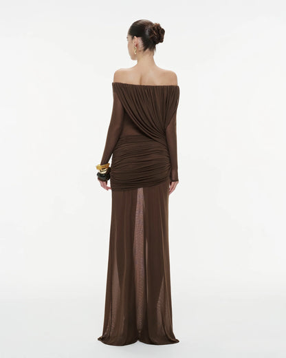 Long Sleeve Draped Bardot Maxi Dress Brown HV0066