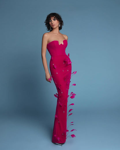 Strapless Feather Crystal Maxi Dress Hot Pink HV1393