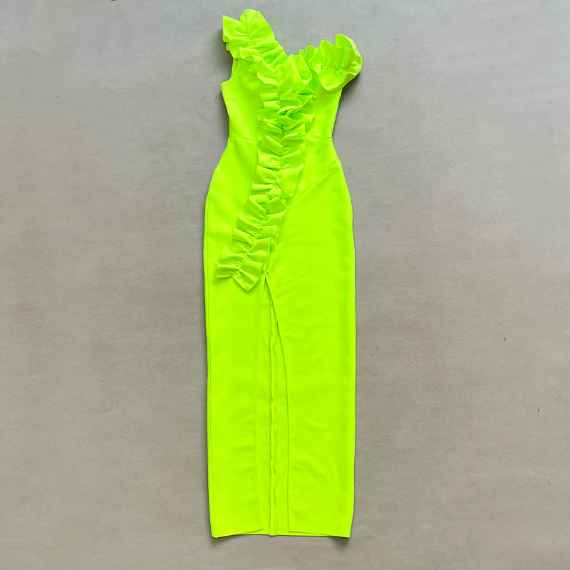 One Shoulder Ruffle Maxi Dress Neon Green HV1511