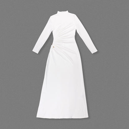 ชุดเดรสยาวแขนยาวดีเทลเดรปสีขาว HV2666
