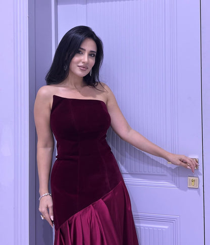 Strapless A Line Maxi Velvet Dress Burgundy HV3186