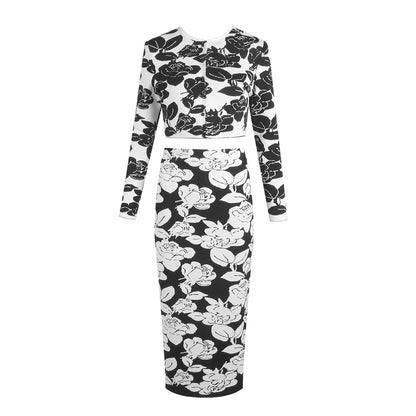 Long Sleeve Floral Two Piece Midi Dress Black White  HV2154