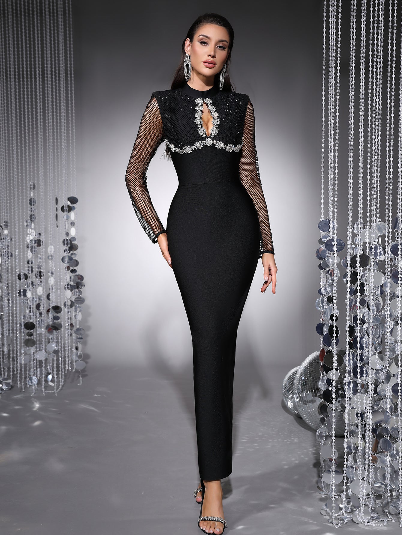 Long Sleeve Crystal Floral Detail Maxi Dress Black HV2842