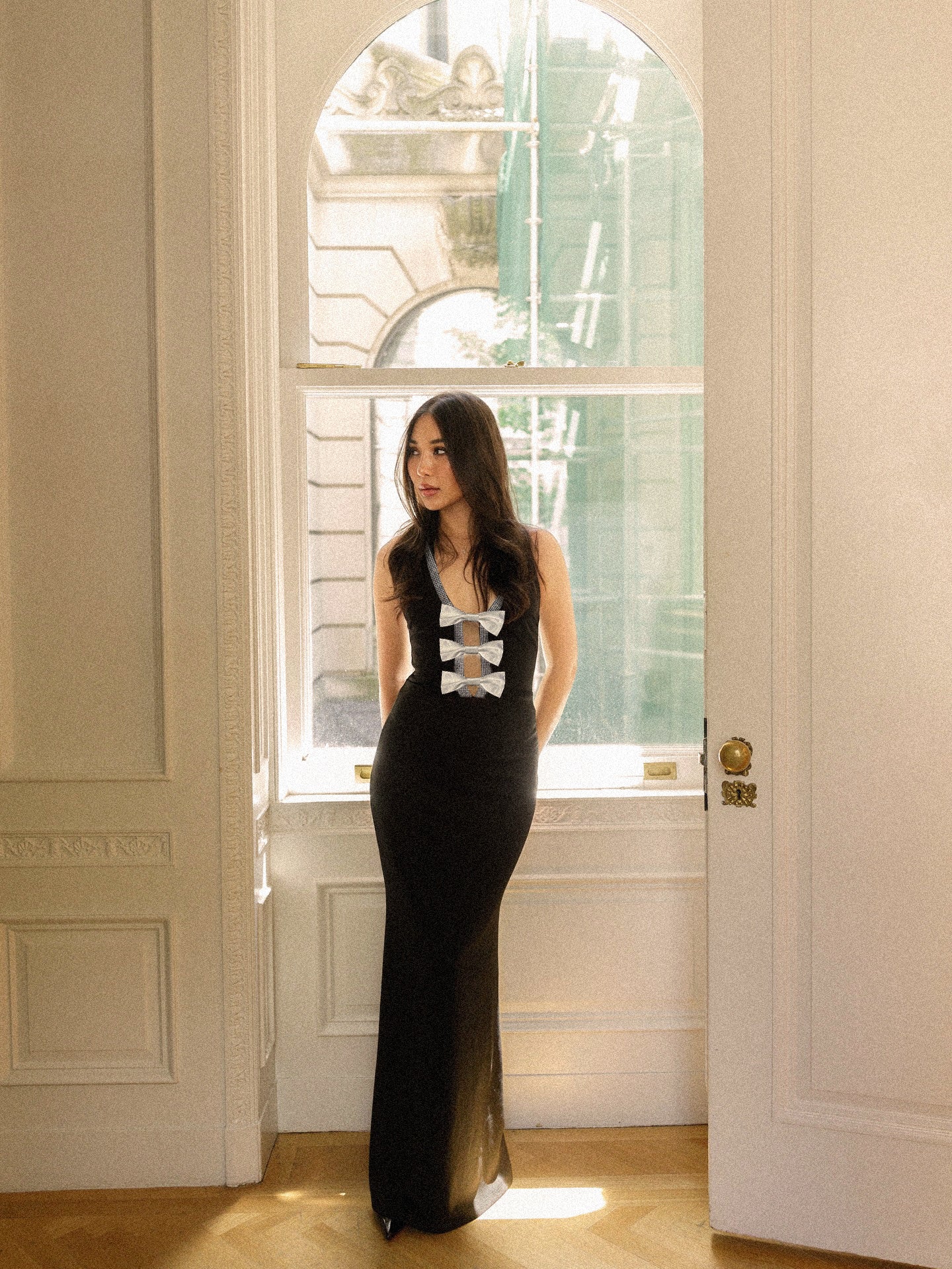 Halter Crystal Bow Detail Maxi Dress Black HV2539