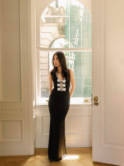 Halter Crystal Bow Detail Maxi Dress Black HV2539