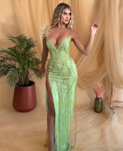 Feather Detail Maxi Dress Green Gold HV2228