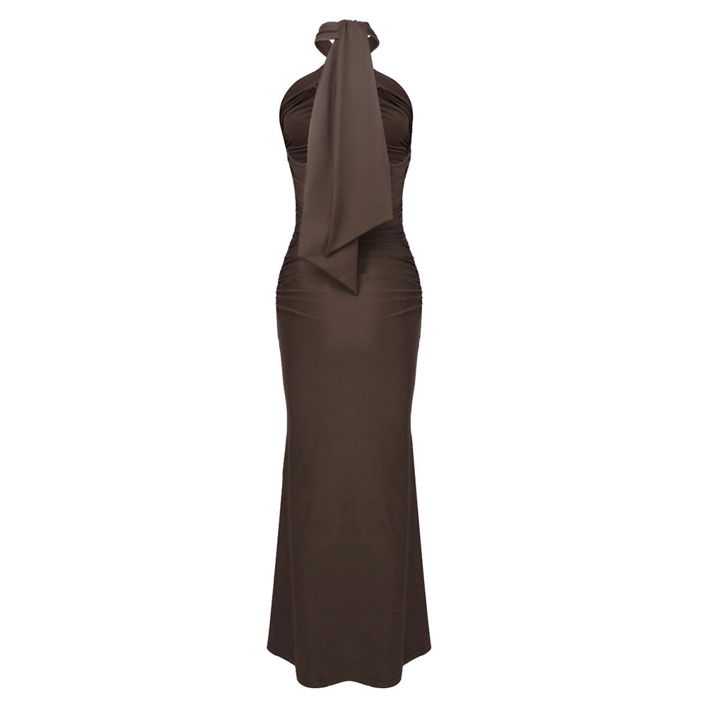 Halter Ruched Maxi Dress Brown HV2662