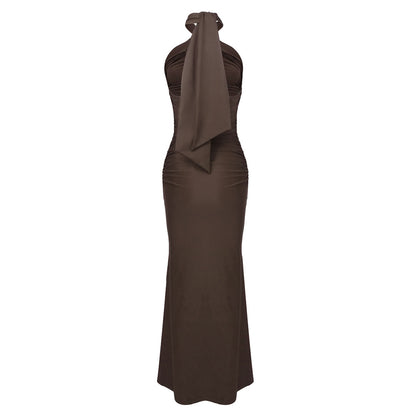 Halter Ruched Maxi Dress Brown HV2662