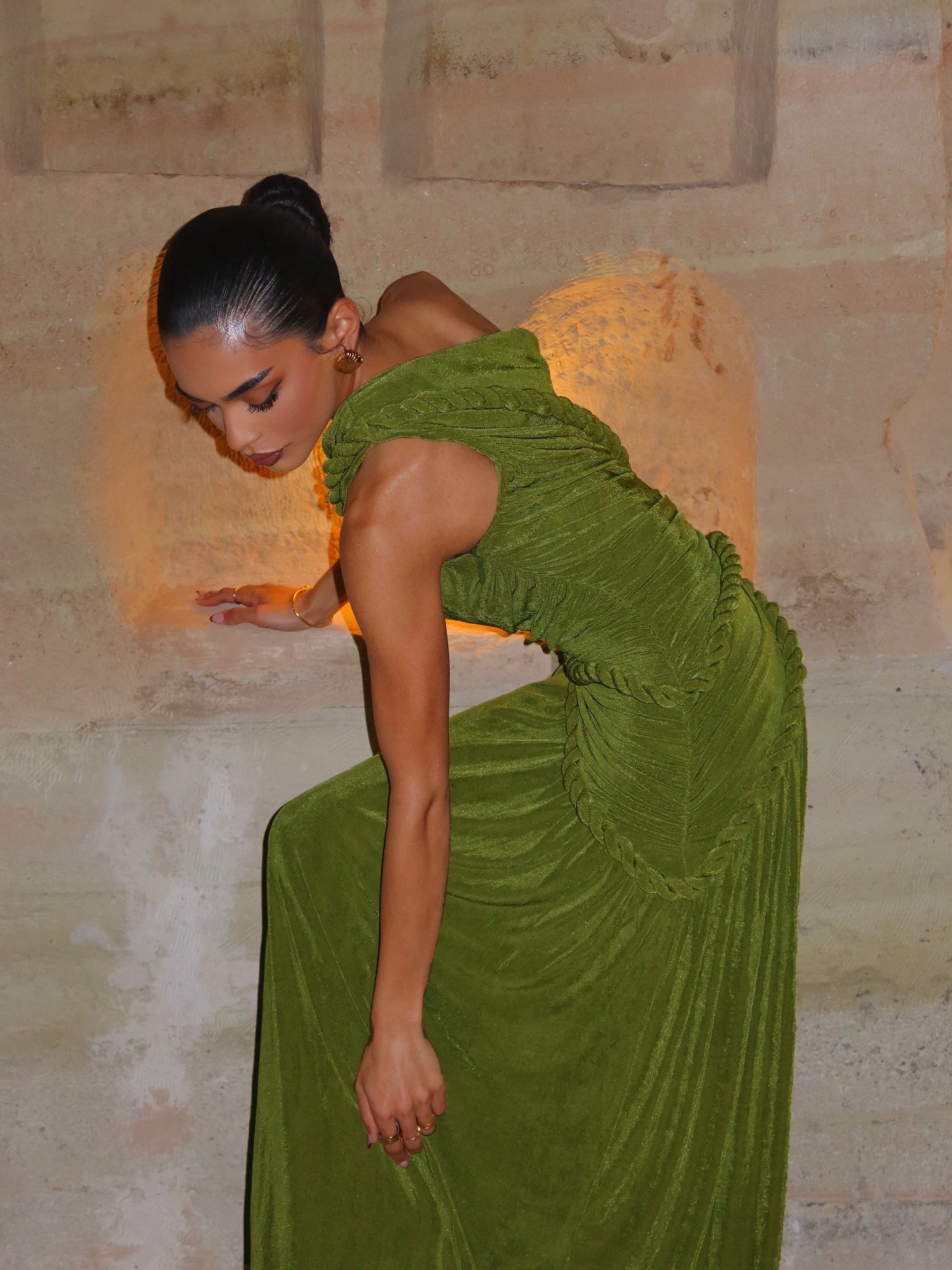 One Shoulder Maxi Velvet Dress Green HV2761