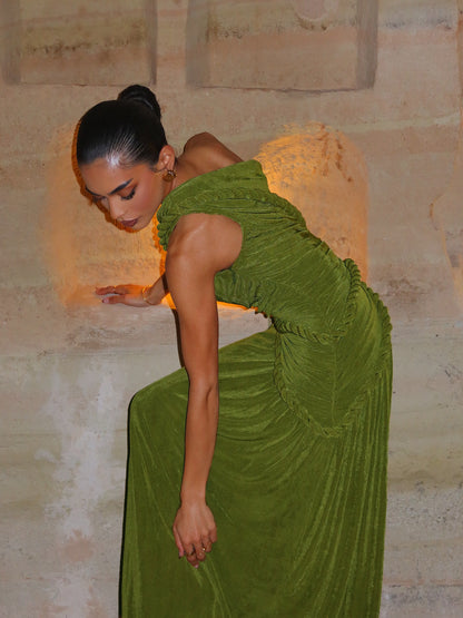 One Shoulder Maxi Velvet Dress Green HV2761