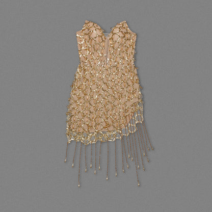 Strapless Crystal Tassel Dress Gold HV1441