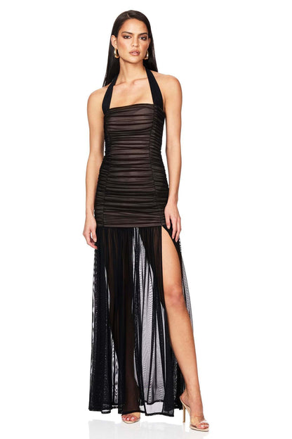Halter Ruched Mesh Maxi Dress Black HV2753