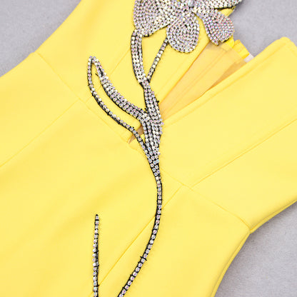 Strapless Rhinestone Flower Dress Yellow HV