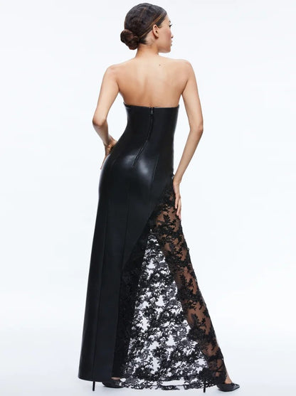 Strapless Sequin Lace Maxi Faux Leather Dress Black