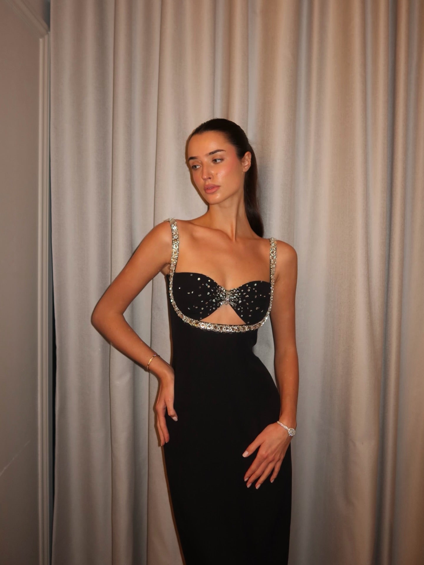 Crystal Pearl Bustier Midi Dress Black HV3125