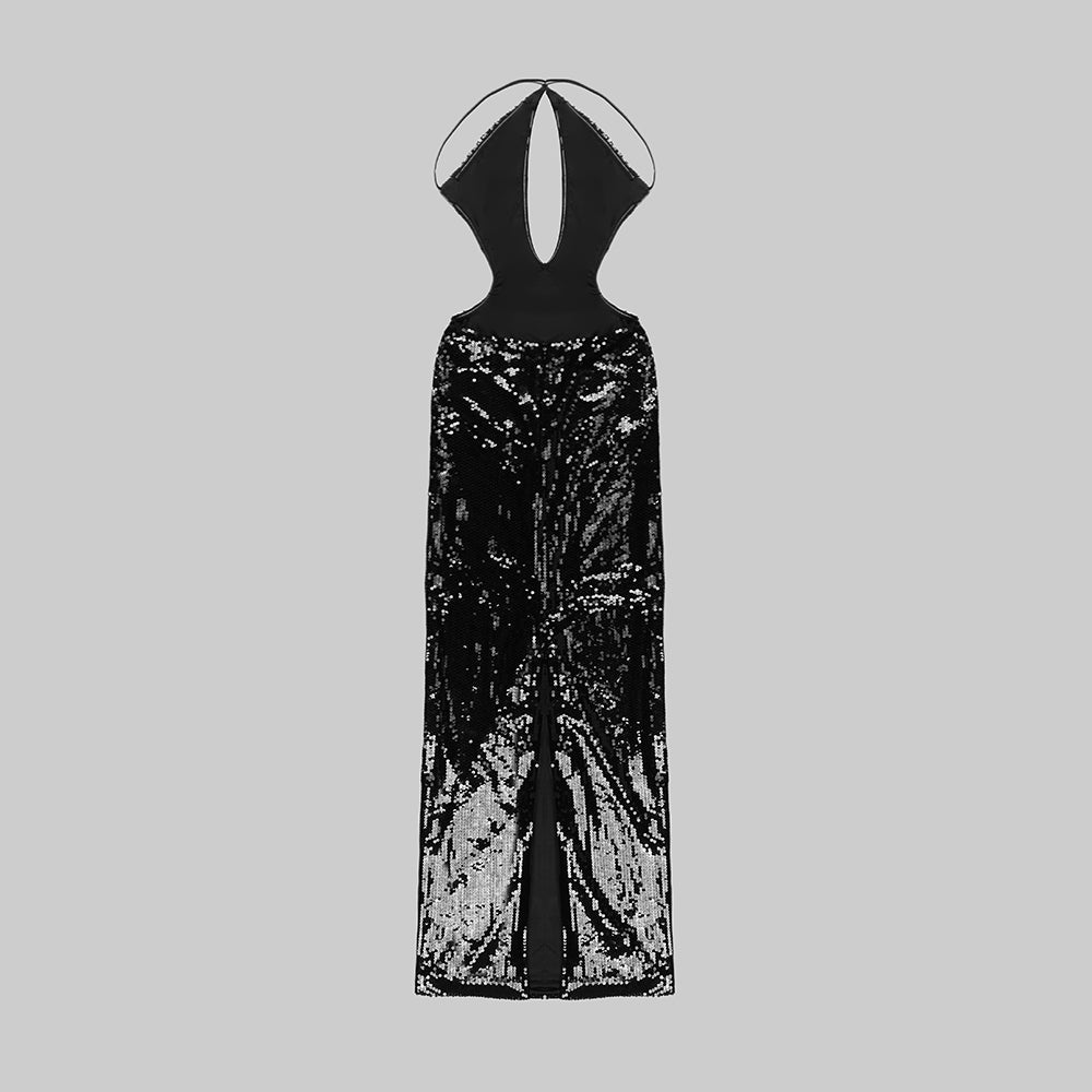 Halter Backless Sequin Maxi Dress Black HV9660