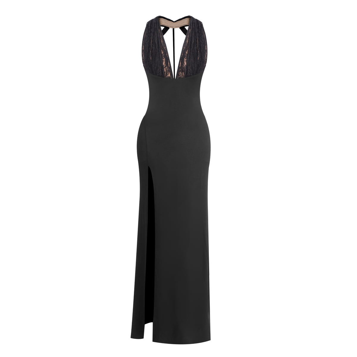 Halter Lace Bustier Maxi Dress Black HV0153